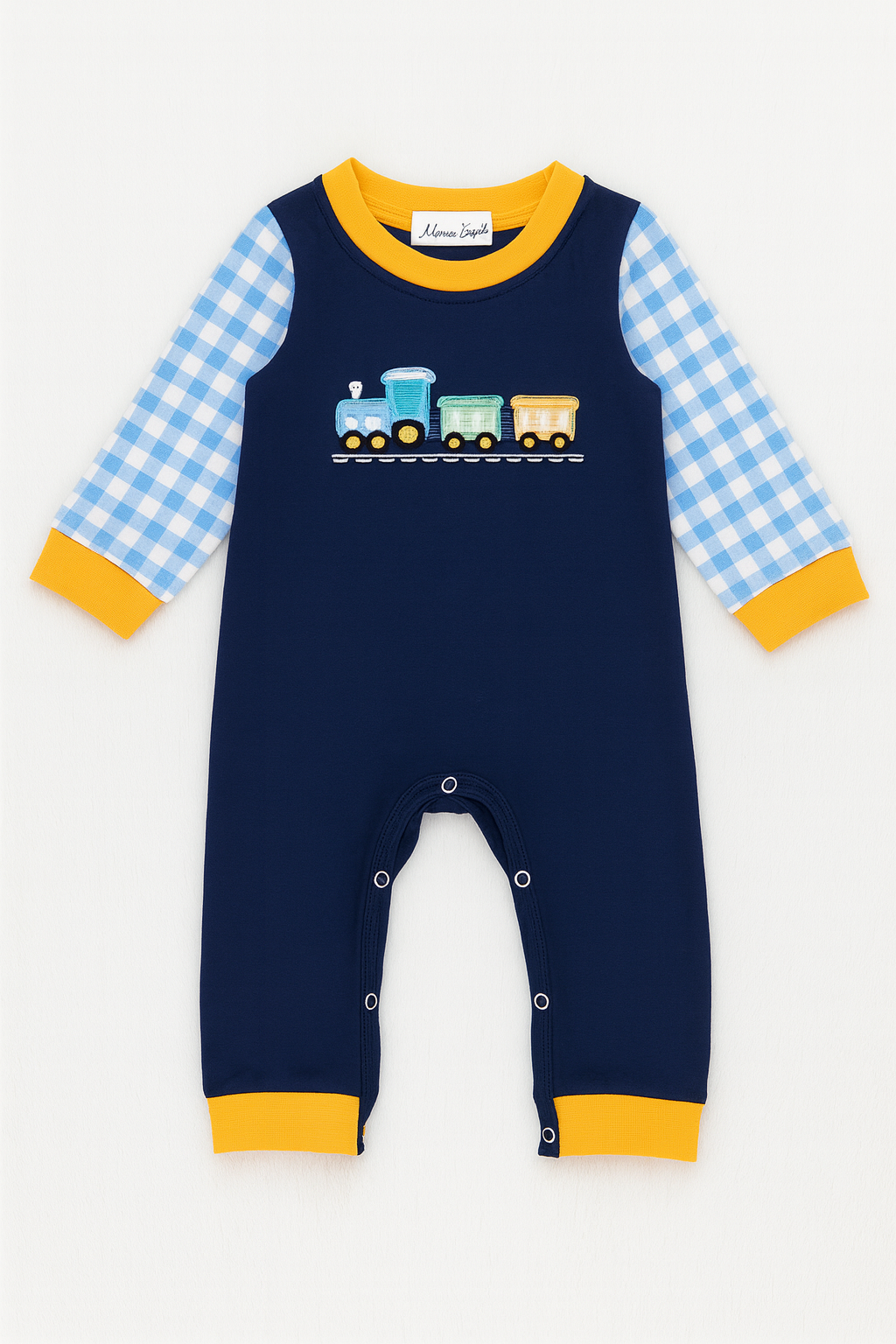All Aboard Train Romper – Blue & Yellow (baby boys)