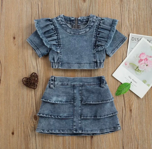 Girls Fashion Two Piece Denim Skirt Set