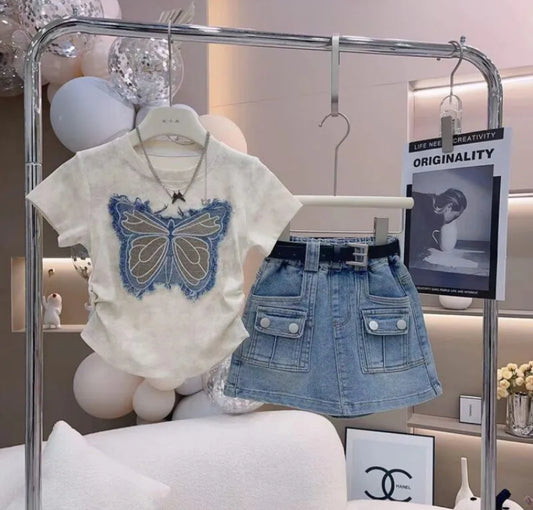 Girls Fashion Two Piece Denim Skirt Set